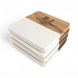 Personalized Marble & Acacia Wood Coaster Set | Custom Engraved Initial Drinkware | Modern Housewarming Gift